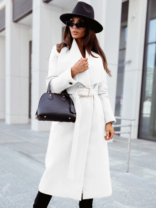 Color-White-Autumn Winter Long Sleeve Button V neck Lace up Woolen Coat Women Clothing-Fancey Boutique
