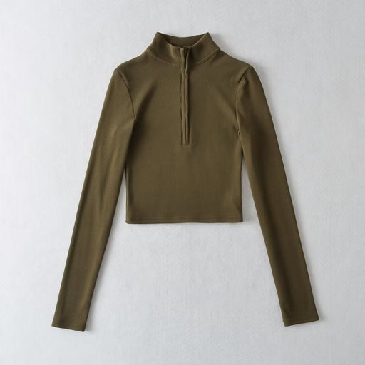 Color-Army Green-Top Women Autumn Sexy Collar Slim Fit Short Bottoming Shirt Long Sleeve T shirt-Fancey Boutique