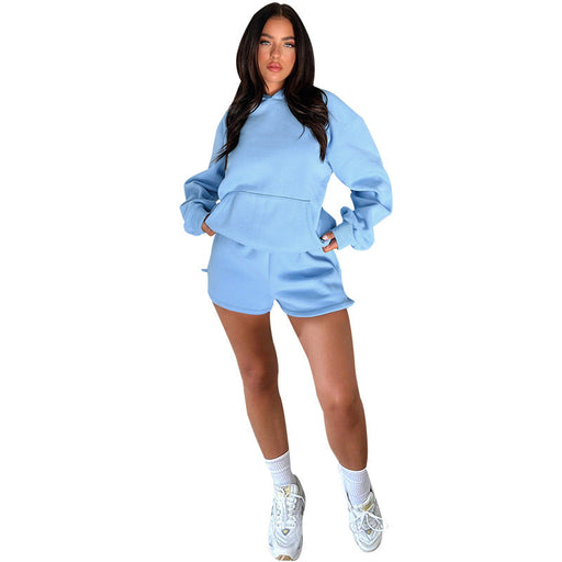 Color-Skyblue-Autumn Winter Solid Color Long-Sleeved Hooded Sweaters Women Clothing Two Piece Casual Shorts sets-Fancey Boutique