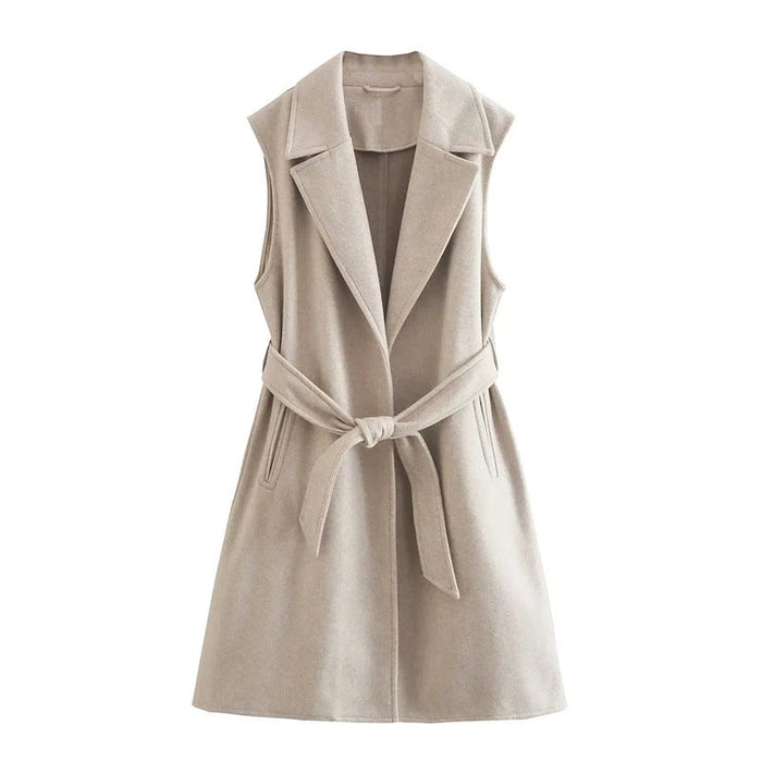 Color-Khaki-Elegant Lady with Belt Soft Vest Casual Top Autumn Polo Collar Long Vest for Women-Fancey Boutique