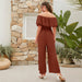 Color-Women Clothing Summer Casual off Shoulder Ruffle Sleeve Lace up Cropped Wide Leg Pants-Fancey Boutique
