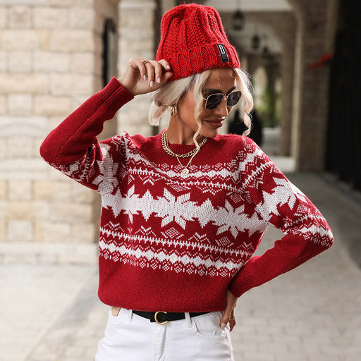Color-Autumn Winter Women Clothing Trendy round Neck Red Knitted Christmas Snowflake Sweater-Fancey Boutique