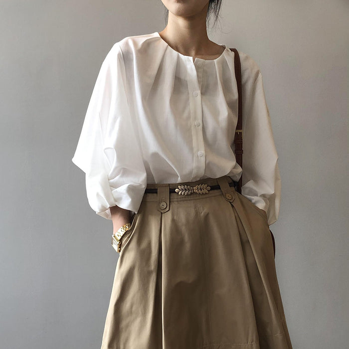 Color-White Shirt Women Autumn Korean Simple Loose Design Lantern Sleeve Shirt-Fancey Boutique