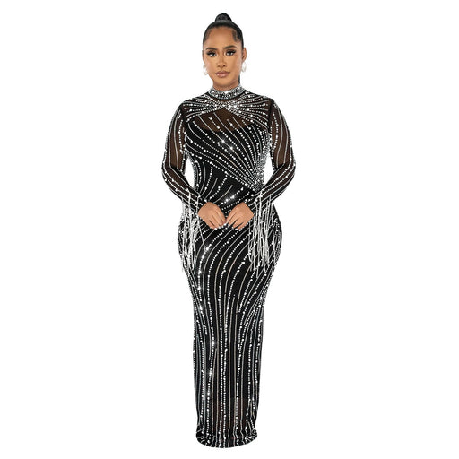 Color-lack-Women Wear Mesh See Through Drilling Long Sleeve Lining Two Piece Set-Fancey Boutique