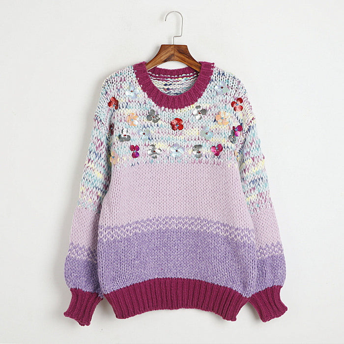 Color-Idle Mohair Sweater Autumn Winter Sweet Sequ Floral Gradient Loose Knitted Women Top-Fancey Boutique