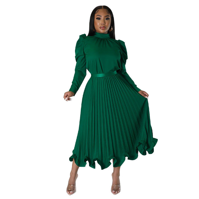 Color-Green-Autumn Women Clothing Puff Sleeve Top Ruffled Pleated Skirt Two Piece Set-Fancey Boutique