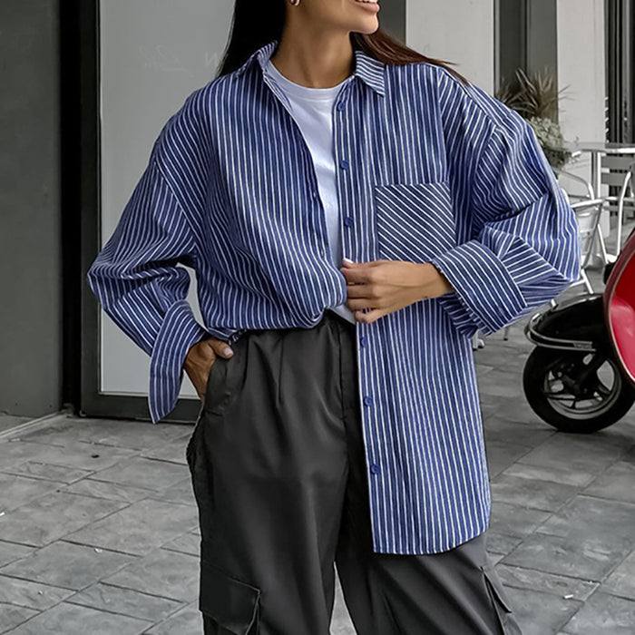 Color-Retro Blue White Striped Long Sleeved Shirt Women Autumn Street Bandage Dress Niche Loose Cardigan Shirt Mid Length-Fancey Boutique