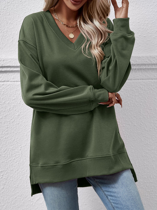 Color-Autumn Winter Women Clothing Sweater Solid Color V Neck Split Front Short Back Long Blouse-Fancey Boutique