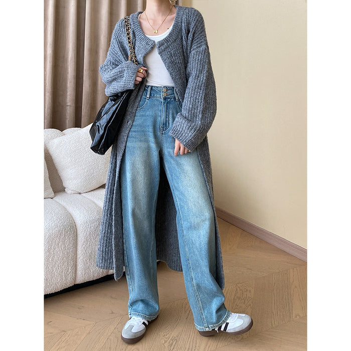 Color-Advanced Idle Early Autumn Rabbit Sheep Hair Combination Thick Knitted Cardigan Baggy Coat Long-Fancey Boutique