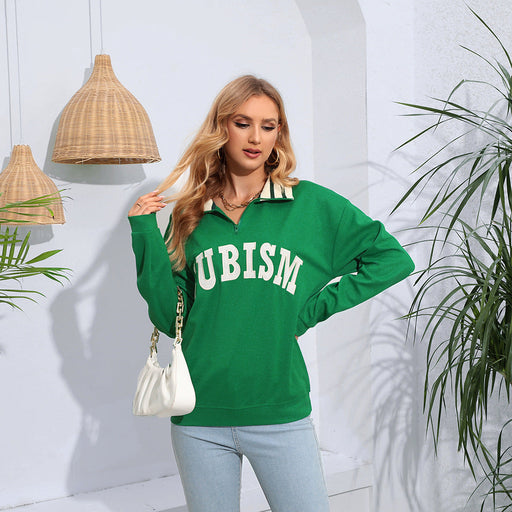 Color-Green-Arrival Idle Contrast Color Letter Graphic Printing Polo Collar Long Sleeve Top Women-Fancey Boutique
