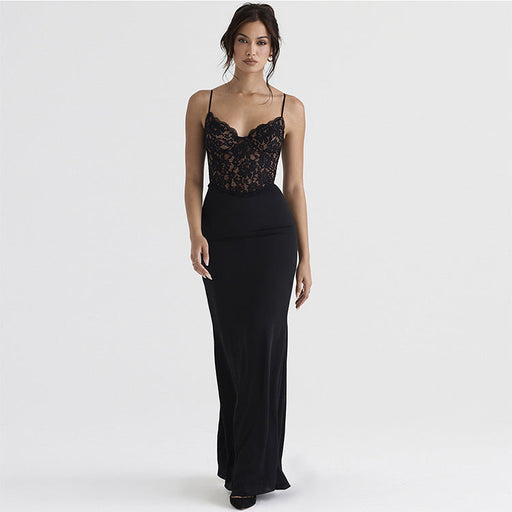 Color-Black-Women Lace Sexy High Waist Slimming Dress Deep V Plunge Strap Fishtail Gown-Fancey Boutique