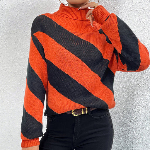 Color-Autumn Winter Turtleneck Pullover Contrast Color Diagonal Striped Knitted Bottoming Shirt Women-Fancey Boutique