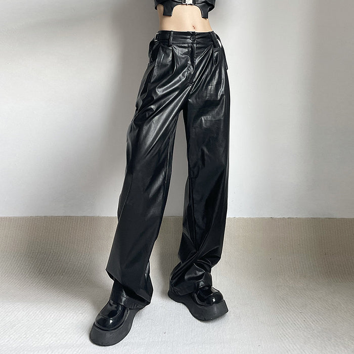 Color-Graceful Personality Adult Lady like Woman Handsome Locomotive Leather Pants Metal Buckle Belt Loose Casual Straight Trousers-Fancey Boutique
