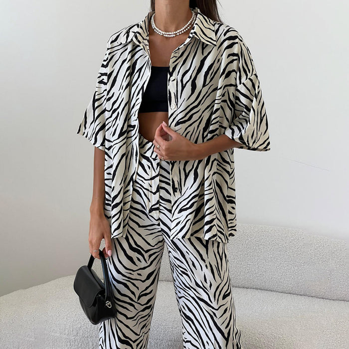 Color-Satin Zebra Striped Women Summer Short Sleeve Shirt High Waist Trousers Two Piece Set-Fancey Boutique