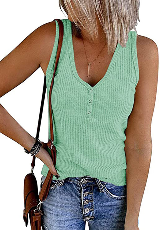 Color-Green-Summer Women Breasted Knitted Vest Solid Color V neck Sleeveless Top Women-Fancey Boutique
