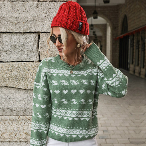 Color-Autumn Winter Women Clothing Trendy round Neck Red Knitted Christmas Snowflake Sweater-Fancey Boutique