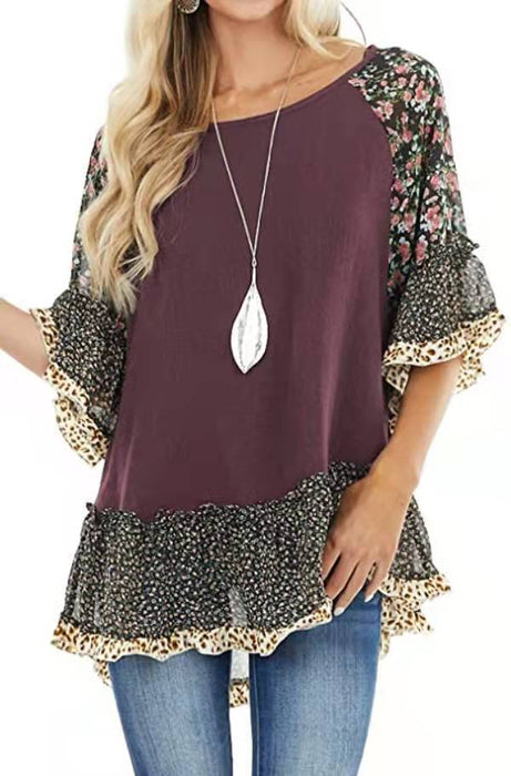 Color-Fuchsia-Spring Summer Women Clothing Batwing Sleeve Color Blocking Leopard Floral Print Mid Length Sleeves T Shirt-Fancey Boutique