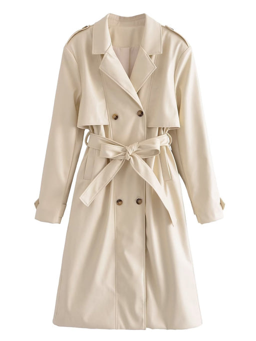 Color-Ivory-Spring Autumn Casual Women Blazer Collar Button Decoration Faux Leather Belt Trench Coat-Fancey Boutique