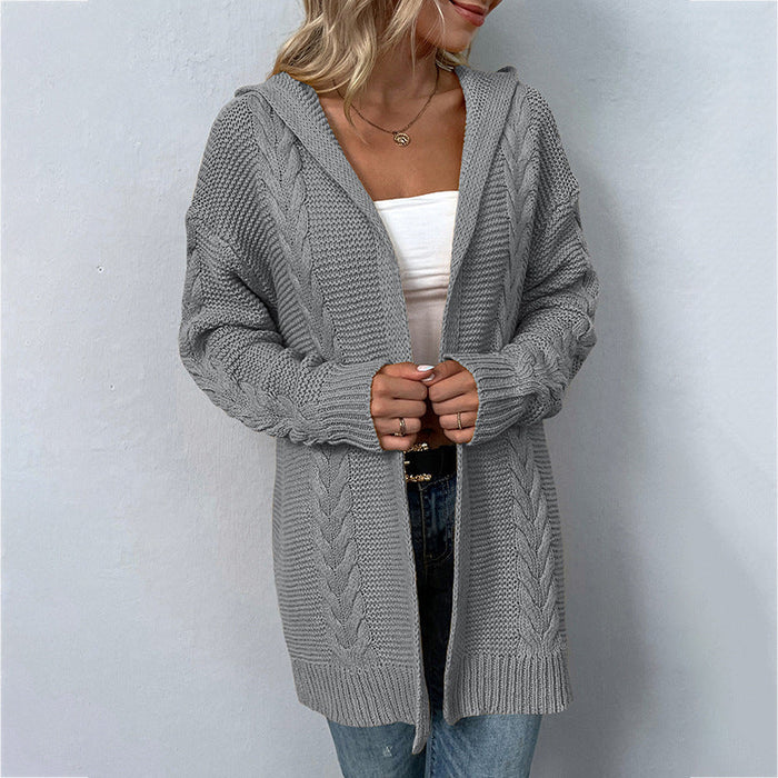 Color-Gray-Autumn Winter Solid Color Hooded Twist Knitwear Cardigan Sweater Women Coat-Fancey Boutique