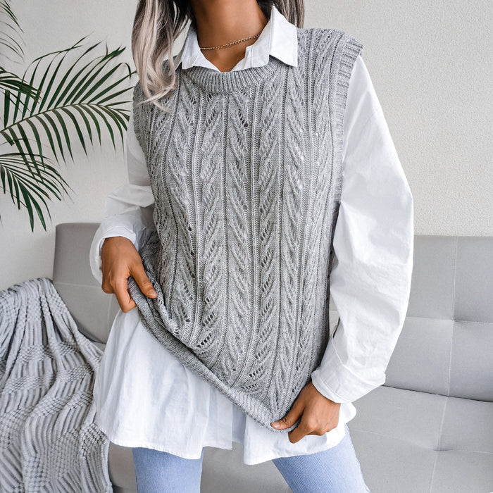 Color-Autumn Winter round Neck Hollow Out Cutout Leaves Casual Knitted Vest Sweater Women Clothing-Fancey Boutique