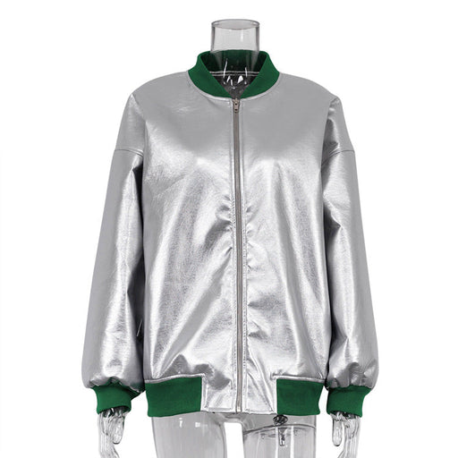 Color-Silver-Jacket Autumn Winter Long Sleeve Future Reflective Varsity Jacket Women Long Sleeve Jacket College-Fancey Boutique