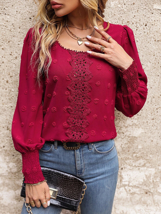 Color-Red-Women Round Neck Puff Sleeve Big Polka Dot Stitching Lace Smocking Shirt-Fancey Boutique