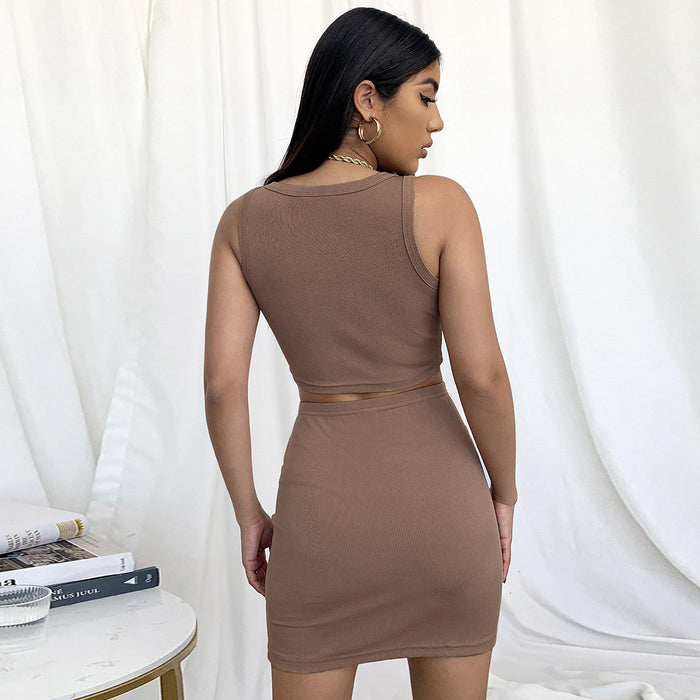 Color-Women Clothing Sexy Tight Short-Sleeved Sheath Dress Skirt Outfit Two-Piece Set-Fancey Boutique