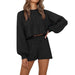 Color-Black-Women Clothing Autumn Winter Lantern Sleeve Sweater Shorts Solid Color Homewear Suit-Fancey Boutique