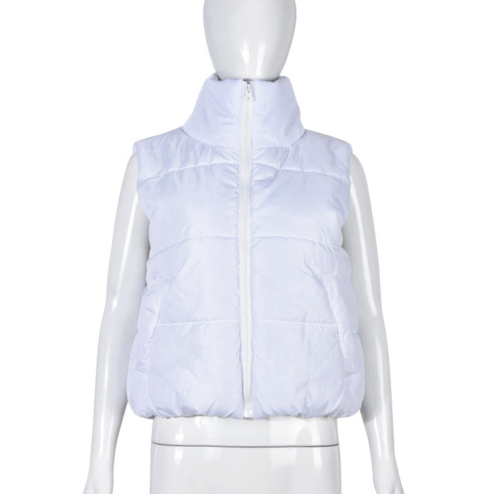 Color-White-Vest Cotton Padded Jacket Stand Collar Elastic Waist Zipper Personality Pocket Coat-Fancey Boutique