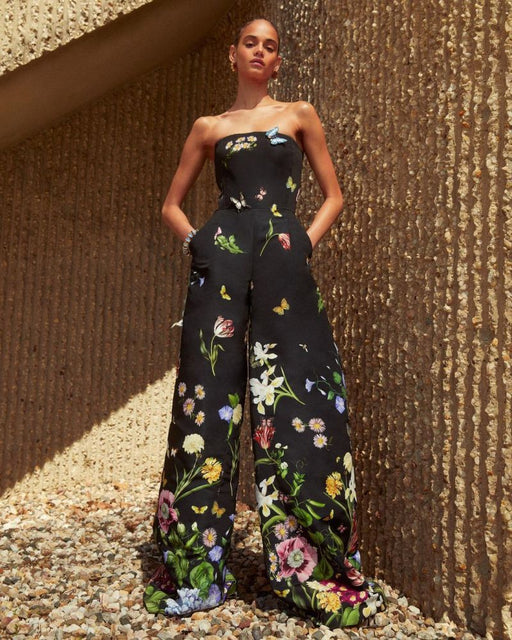 Color-Black-Spring Summer Women Sexy Butterfly Floral Print Tube Top Jumpsuit-Fancey Boutique