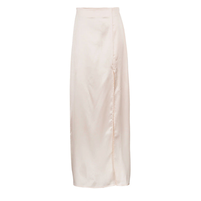 Color-Ivory-Sexy Satin High Waist Figure Flattering Sheath Skirt Summer Side Slit Dress-Fancey Boutique