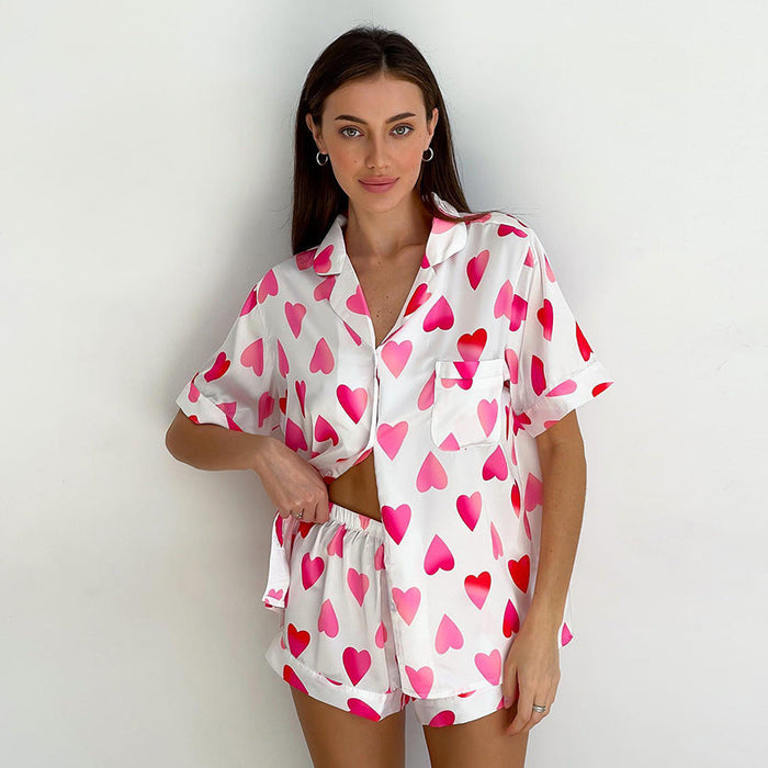 Color-Heart Printing Pajamas Women Summer Short Sleeve Shorts Suit Loose Ice Silk Home Wear-Fancey Boutique