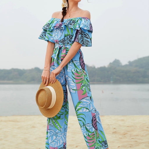 Color-Women Clothing Fashion off-Shoulder Floral Jumpsuit Summer Short Sleeve Chiffon Vacation Beach Jumpsuit-Fancey Boutique