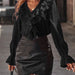 Color-Black-Women Clothing Fall V Neck Ruffled Elegant Elegant Shirt Women-Fancey Boutique