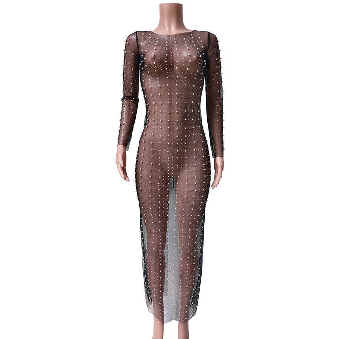 Color-Black-Sexy See through Light Diamond Bubble Beach Dress Mesh Long Sleeve Dress-Fancey Boutique