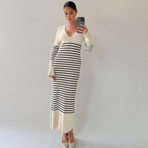 Color-Knitted Dress V Neck Casual Dehaired Angora Covering Yarn Waist Tight Sunken Stripe Slimming Stripes Knitted Dress Women-Fancey Boutique