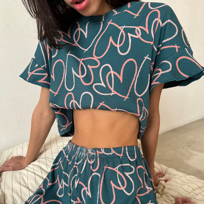 Color-Summer Ladies Casual Printing Suit Ruffled Short Sleeve round Neck Shorts Pajamas Two Piece Set-Fancey Boutique