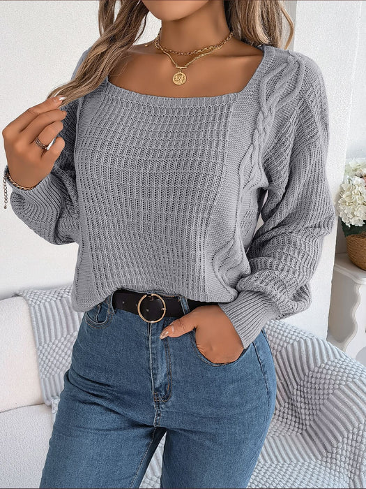 Color-Autumn Winter Casual Solid Color Square Collar Twist Lantern Sleeve Knitted Pullover Sweater Women Clothing-Fancey Boutique