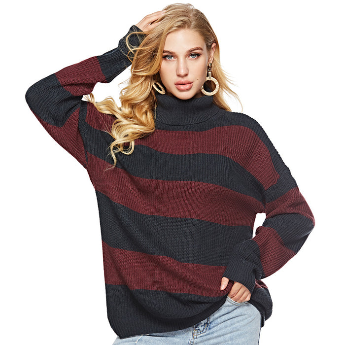 Color-Autumn Winter Casual Striped Turtleneck Knitted Pullover Sweater Women Loose Knitted Bottoming Shirt-Fancey Boutique