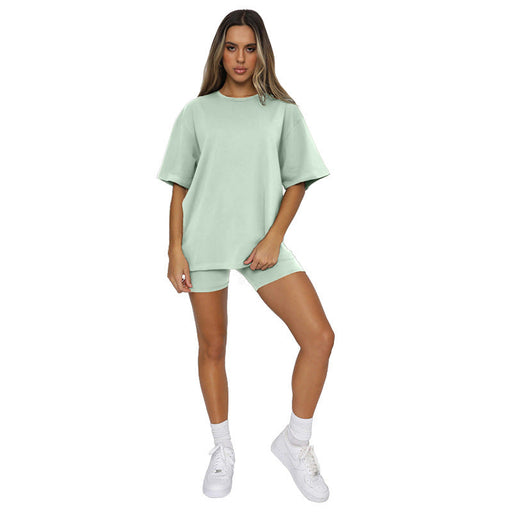 Color-Green-Summer Solid Color Short Sleeve round Neck Pullover Top Urban Casual Shorts Suit Women-Fancey Boutique