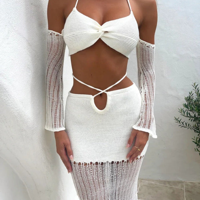 Color-Spring Summer Wrapped Chest Oversleeve Top Drawstring Hollow Out Cutout Hip Skirt Knitted Women Clothing Two Piece Set-Fancey Boutique