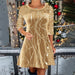 Color-Autumn Winter Solid Color Round Neck Long Sleeve Sequin Stitching A line Dress Women-Fancey Boutique