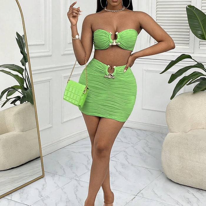 Color-Tube Top Cropped Exposed Backless Wrap Chest Sexy Package Hip Skirt Set Women-Fancey Boutique