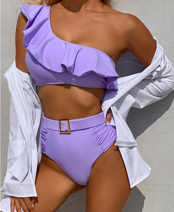 Color-Purple-Solid Color Ruffles Split Swimsuit Sexy Bikini-Fancey Boutique