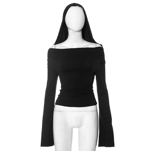 Color-Black-Autumn Simple Base Solid Color Top Women Off Neck Short Long Sleeves Cropped Slim Fit Slimming-Fancey Boutique