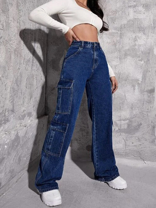 Color-Wind Women Workwear Bellows Pocket Multi Bag Denim Straight Leg Trousers-Fancey Boutique