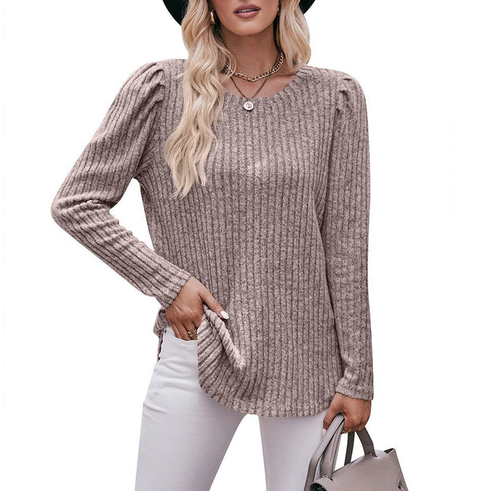 Color-Oatmeal Color-Women round-Neck Puff Sleeve Brushed Sunken Stripe Solid Color Upper Clothes Long Sleeves T-shirt-Fancey Boutique