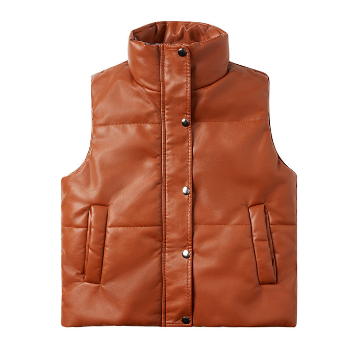 Color-camel-Autumn Winter Women Leather Waistcoat Sleeveless Quilted Zipped Cotton Padded Jacket Stand Collar-Fancey Boutique