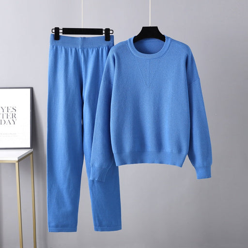 Color-Blue-Autumn Winter Loose Casual Sweater Two Piece Set Solid Color Knitting Suit Women-Fancey Boutique