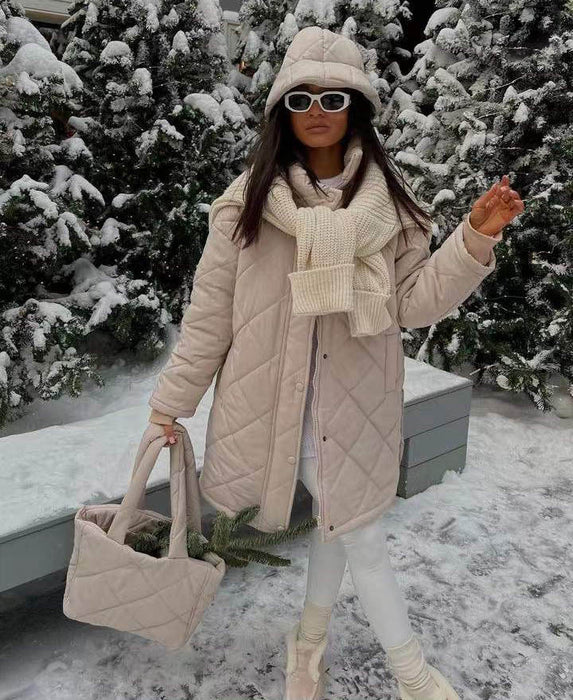 Color-Light Gray Cotton-Padded Coat-Autumn Winter Popular Diamond Lattice Stand up Collar Thermal Shoulder Bag Cotton Padded Clothes Outfit-Fancey Boutique